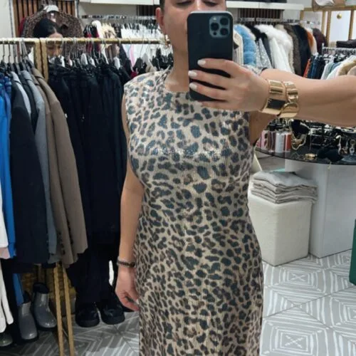 Leopar Payetli  Uzun Elbise