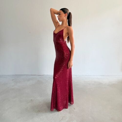 Bordo Payetli Sırt Dekolteli Elbise
