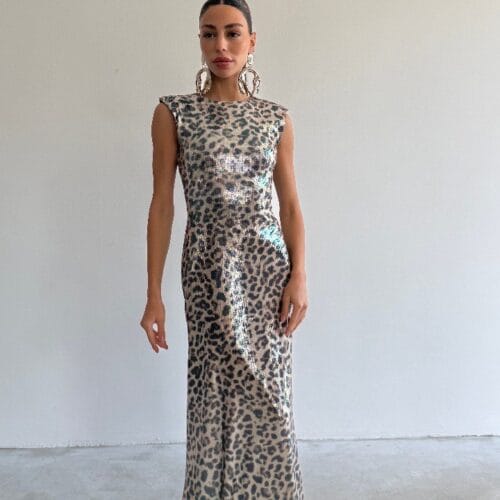 Leopar Payetli  Uzun Elbise