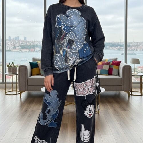Işıltılı Taş İşlemeli Oversize Mickey Mouse Sweatshirt ve Eşofman Altı Takımı-M Beden