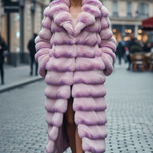 Mor Şeritli Uzun Pembe Peluş Kürk