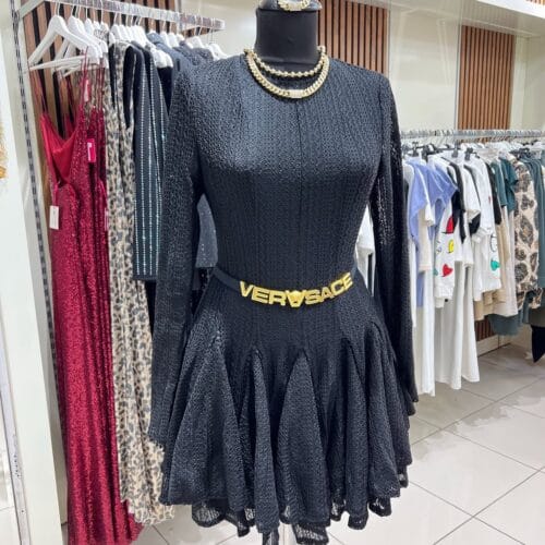 Zarif Dantel Dokulu, Kabarık Etekli Mini Siyah Kokteyl Elbisesi-M Beden