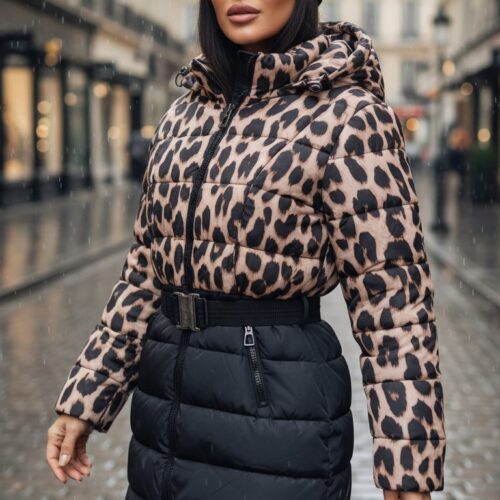 Leopar Detaylı Belden Kemerli İthal Şişme Mont