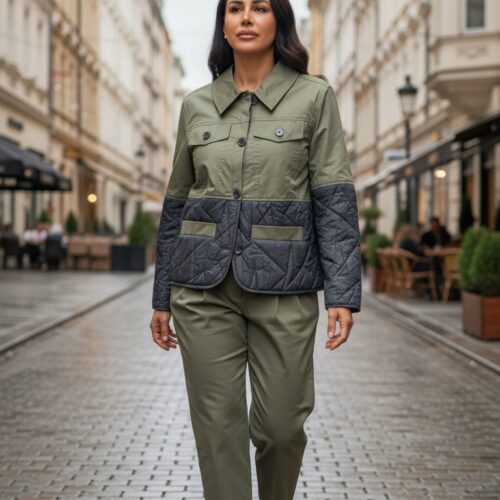 Haki İki Dokulu: Kapitoneli Detaylı Ceket ve Pantolon Takımı