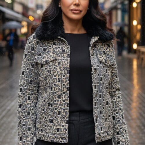 Lüks Kürk Yakalı Mikro Leopard/Leke Desenli Oversize Mont Geniş Kalıp Standart