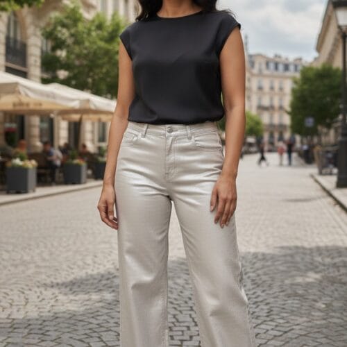 Gümüş Metalik Görünümlü Yüksek Bel Geniş Paça Pantolon