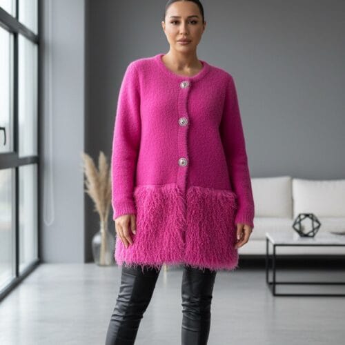 Fuşya İki Dokulu Angora Karışımlı Kısa Hırka/Mont Standart Beden