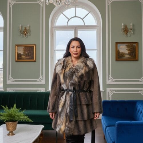 Çok Renkli Vizon/Tilki Desenli Suni Kürk Palto