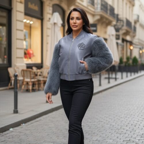 Gri Renk, Çiçek Boncuk Nakışlı Lüks Şişme Mont S-M Bedenli