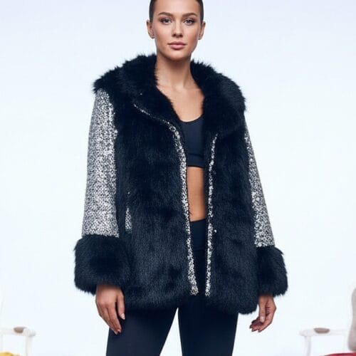 Siyah Suni Kürk ve Pullu/Simli Kol Detaylı Lüks Mont Standart Beden