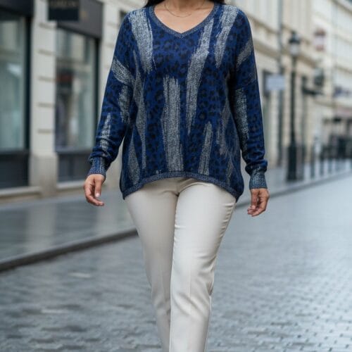 İthal Sim Desenli V Yaka İnce Triko-Standart Beden