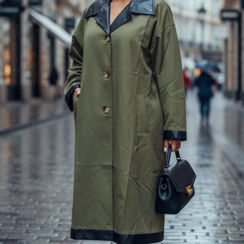 Premium Deri Şeritli Haki Trençkot