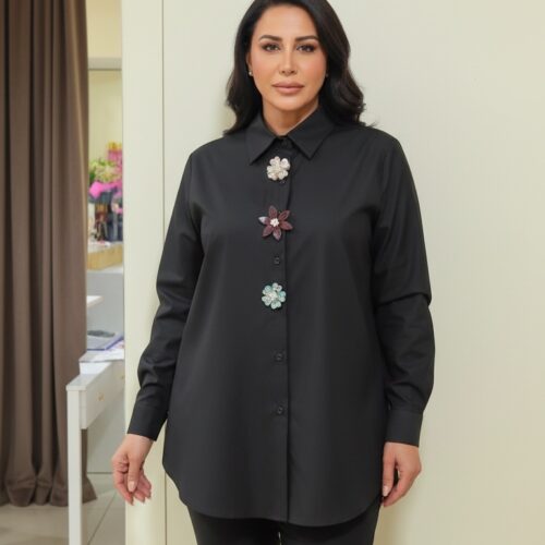 İthal Düğme Detaylı Siyah Gömlek