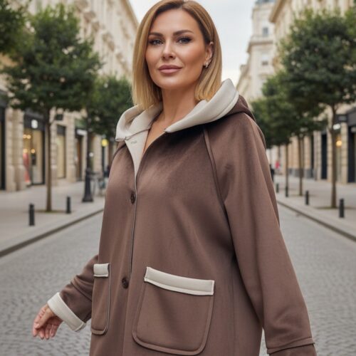 Oversize Kahve  Scubo Önden Düğmeli Kaban