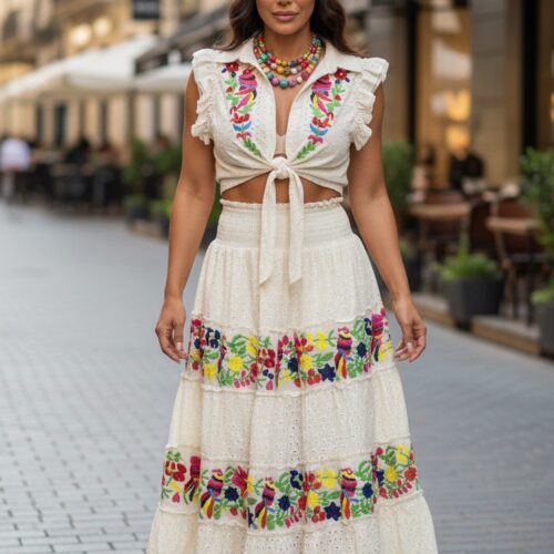 Çiçek Desenli Keten 2 li Takım