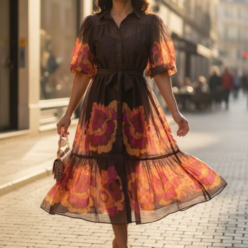 İthal Kahve Çiçek Desenli Elbise