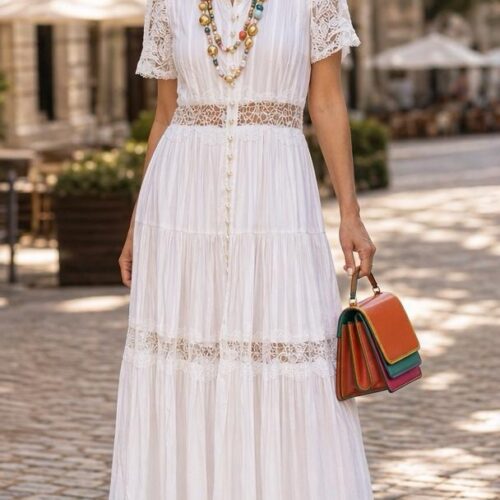 İpek Saten Dantel Detaylı Beyaz Elbise