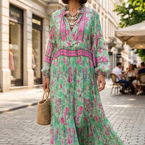 İpek Saten Desenli Oversize Elbise